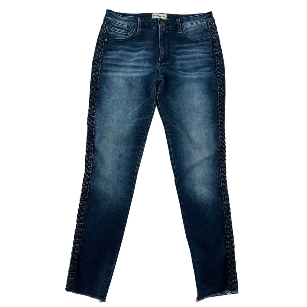 Driftwood Jackie Braided Side Seam Skinny Jeans Blue Medium Wash Raw Hem W29 L28